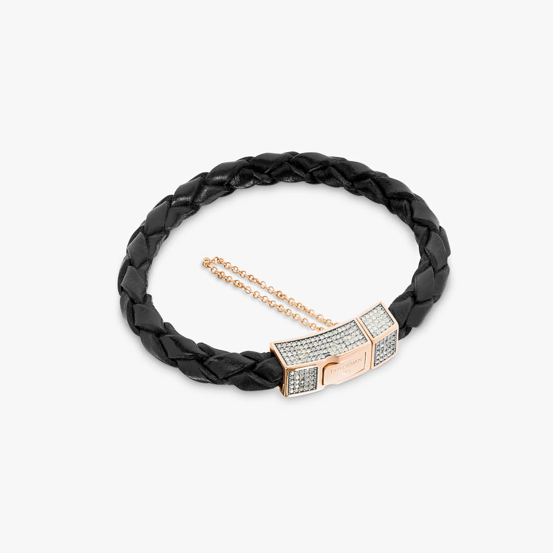 Click Scoubidou Micro Pave bracelet in black leather with 18k rose gold and diamond sold by Tateossian product image thumbnail 2