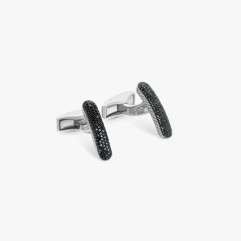 Baton cufflinks with black diamond in sterling silver sold by Tateossian