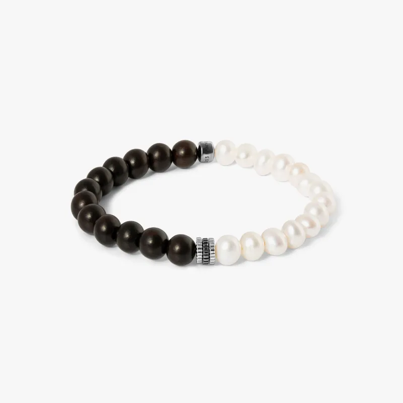 Gear Trio Semi - Precious Bracelet In Ruthenium Plated Silver With Wood Beads & White Pearls sold by Tateossian