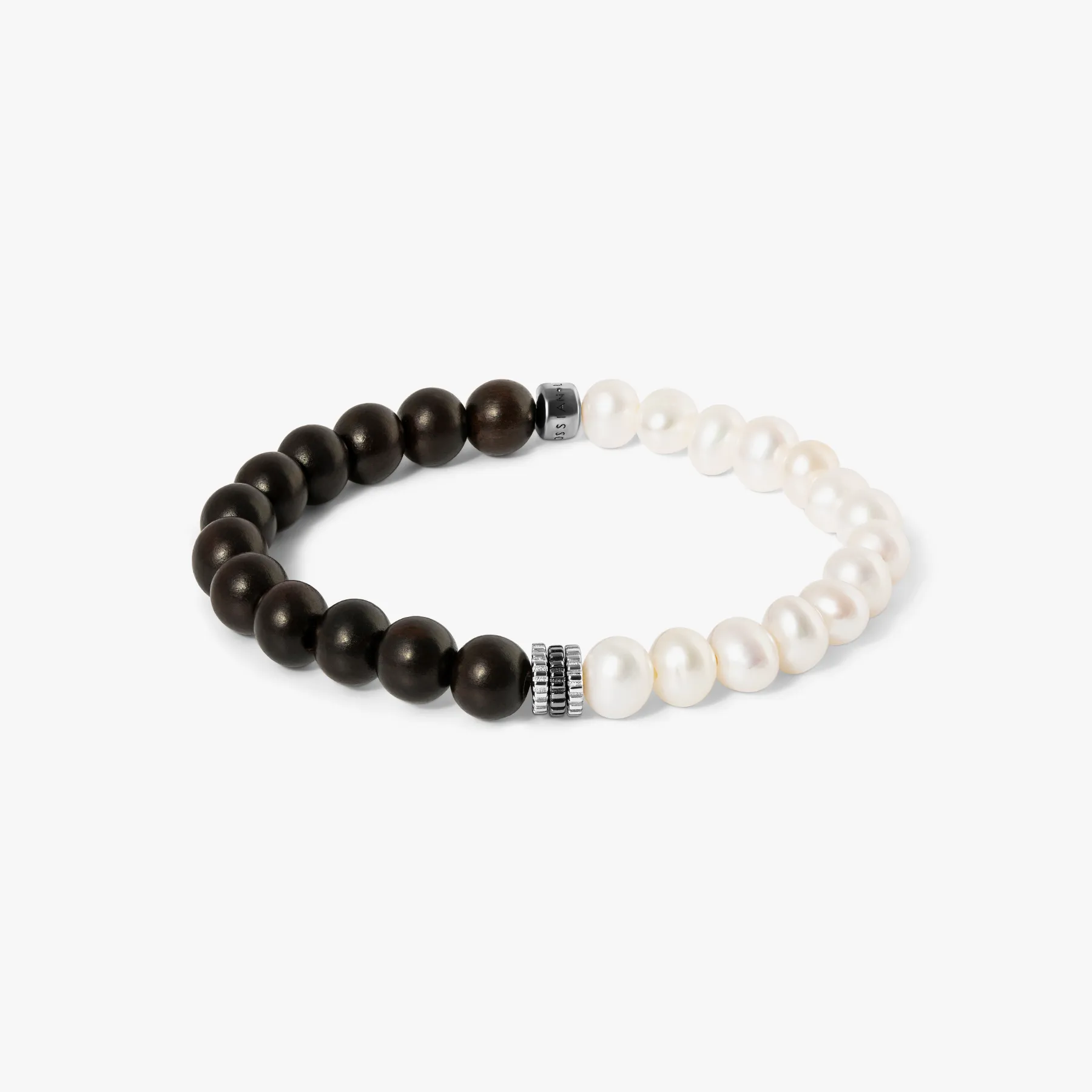 Gear Trio Semi - Precious Bracelet In Ruthenium Plated Silver With Wood Beads & White Pearls sold by Tateossian