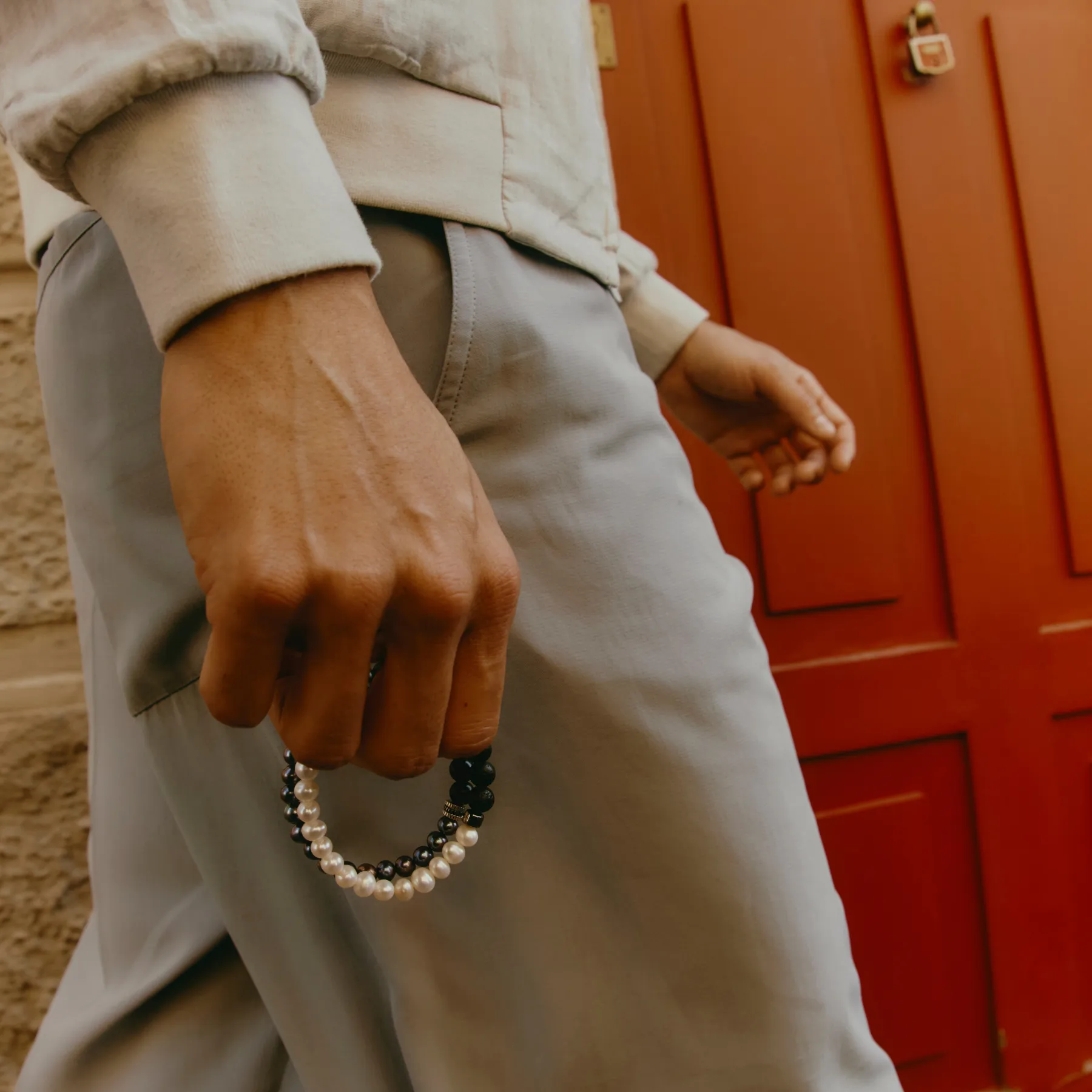 Gear Trio Semi - Precious Bracelet In Ruthenium Plated Silver With Wood Beads & White Pearls sold by Tateossian product image thumbnail 3