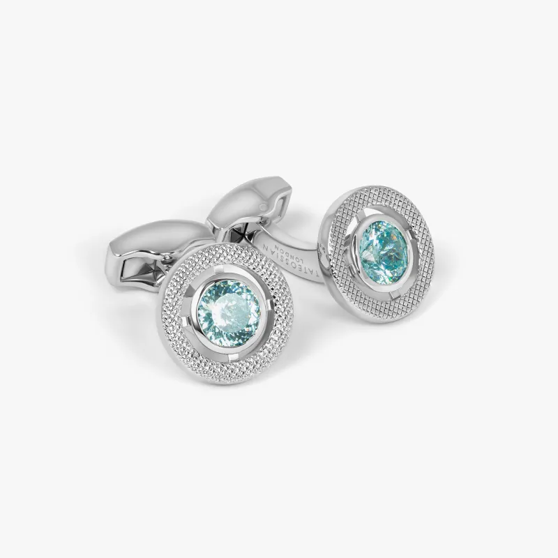Halo Round CZ Cufflinks With Aquamarine & Rhodium Plated sold by Tateossian