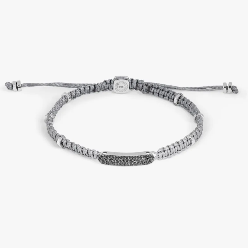 Black Diamond Baton Bracelet in Rhodium Plated Silver with Grey Macrame sold by Tateossian