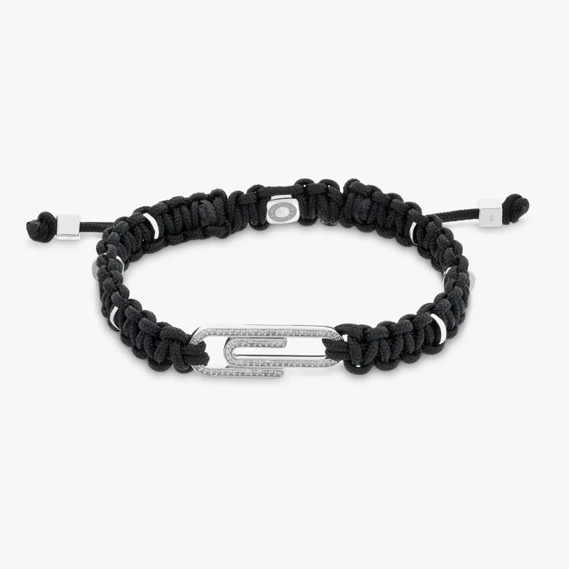 White Diamond Paperclip bracelet with black macrame and sterling silver sold by Tateossian
