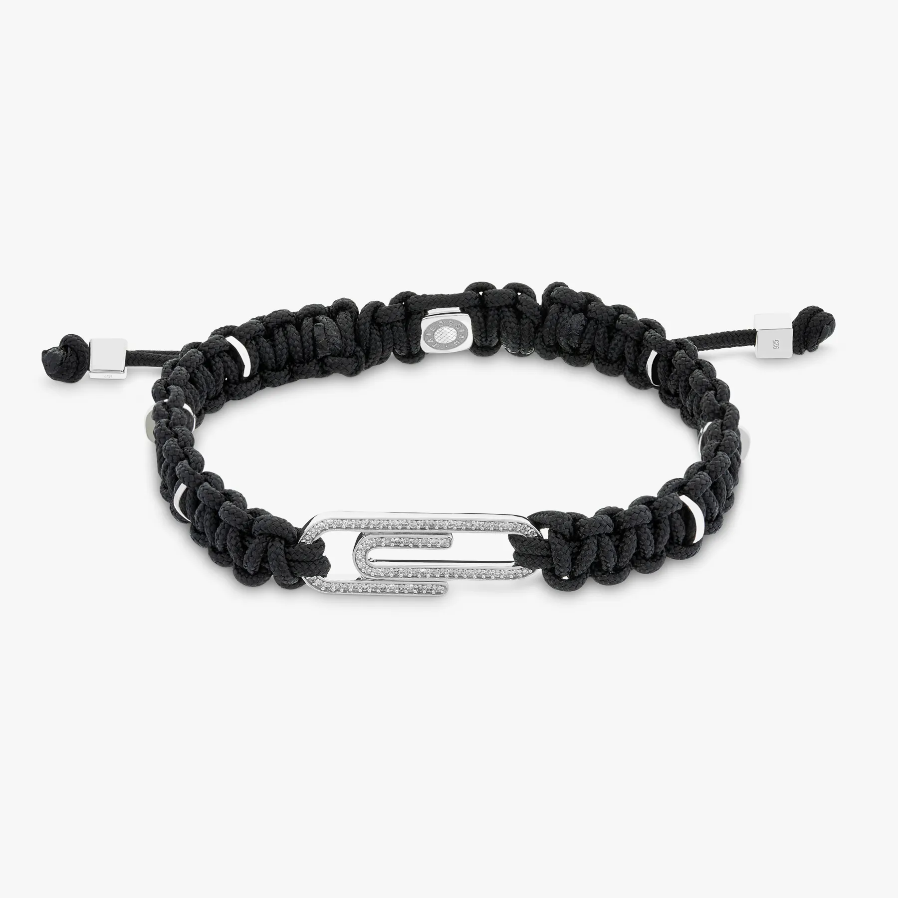 White Diamond Paperclip bracelet with black macrame and sterling silver sold by Tateossian