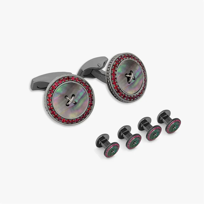 Precious Button cufflink stud set with black mother of pearl and rubies sold by Tateossian