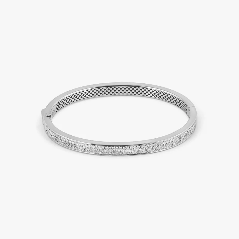 Buckingham Hinge Cuff Bangle in Rhodium Plated Silver with White Diamonds sold by Tateossian