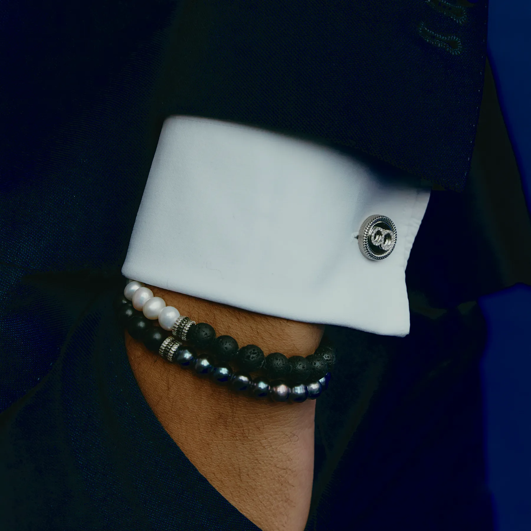 Gear Trio Semi - Precious Bracelet In Black Ruthenium Plated Silver With Wood Beads & Black Pearls sold by Tateossian product image thumbnail 4