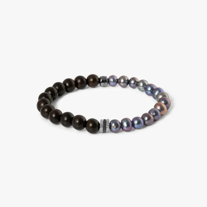 Gear Trio Semi - Precious Bracelet In Black Ruthenium Plated Silver With Wood Beads & Black Pearls sold by Tateossian