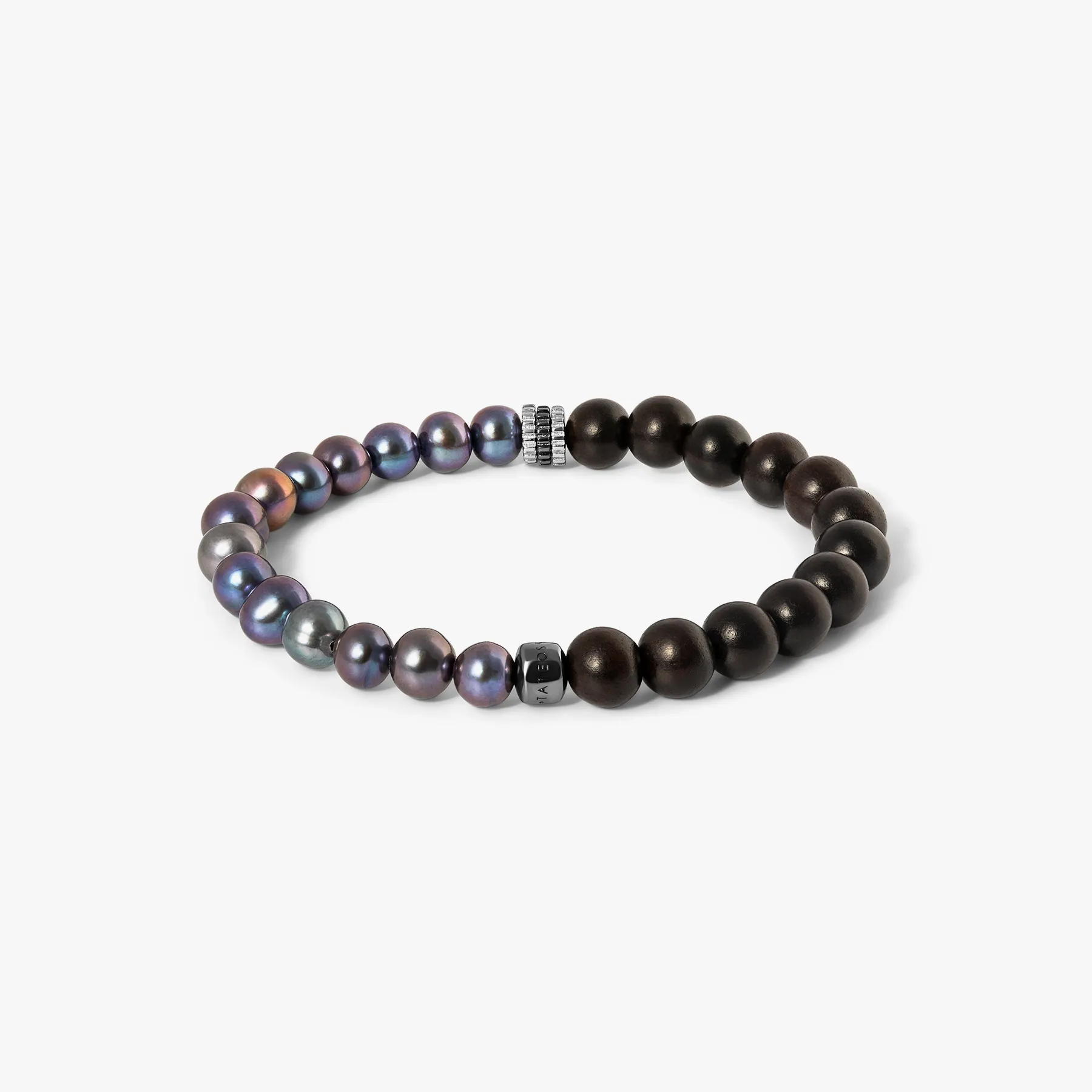 Gear Trio Semi - Precious Bracelet In Black Ruthenium Plated Silver With Wood Beads & Black Pearls sold by Tateossian product image thumbnail 5