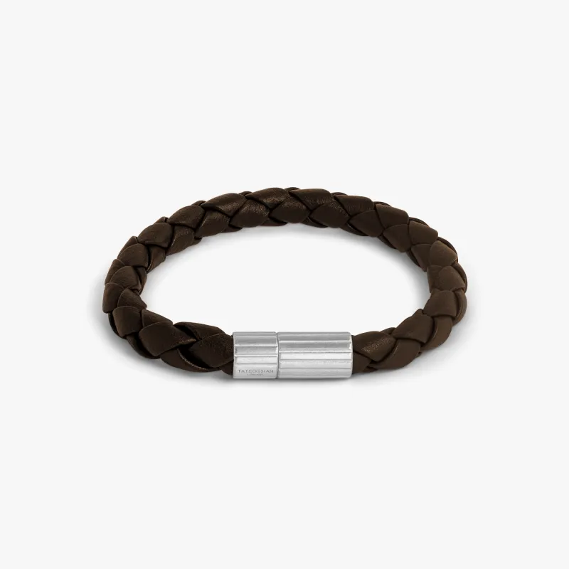 Maxi Pop Pelle Brown Leather Bracelet in Rhodium Silver made by Tateossian