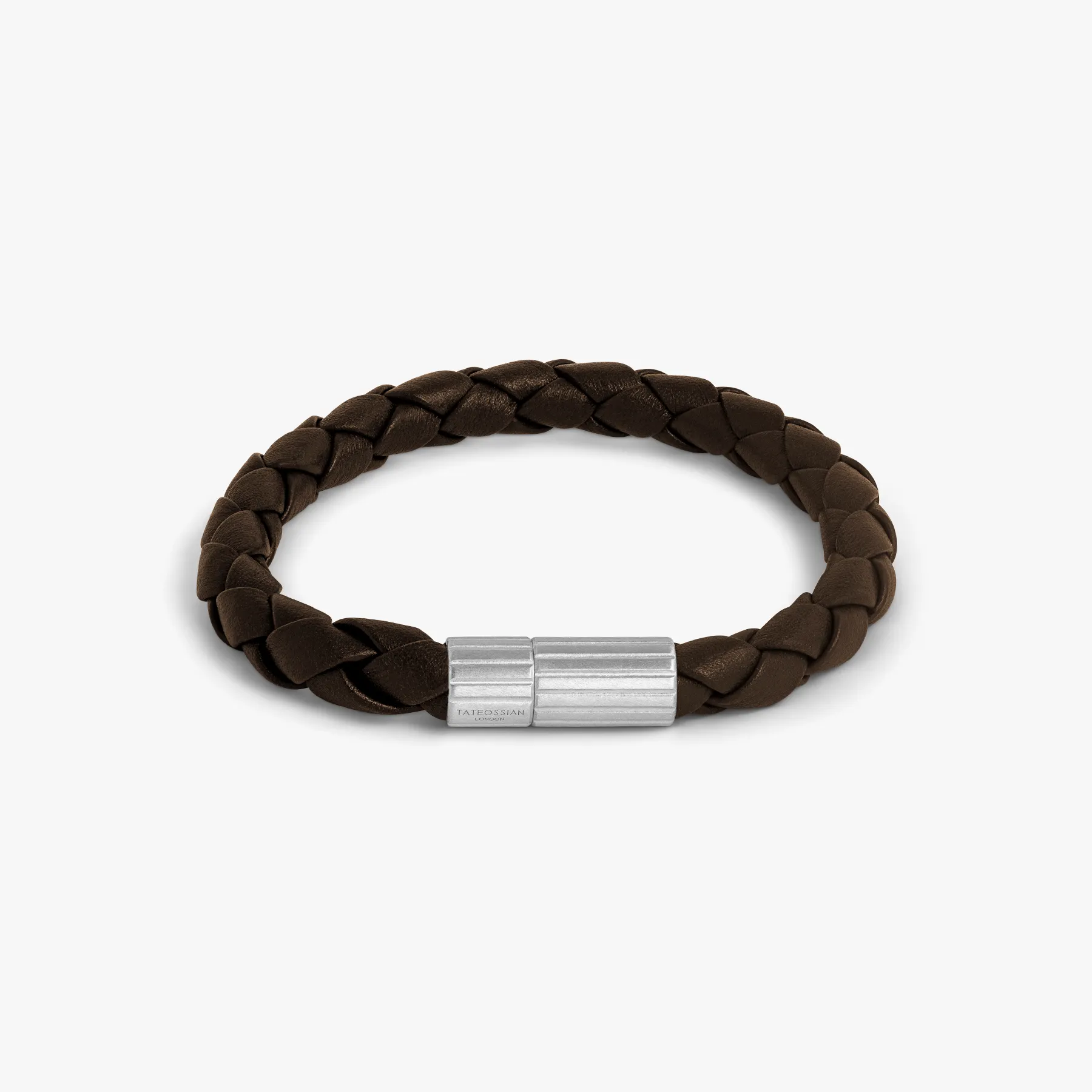 Maxi Pop Pelle Brown Leather Bracelet in Rhodium Silver sold by Tateossian