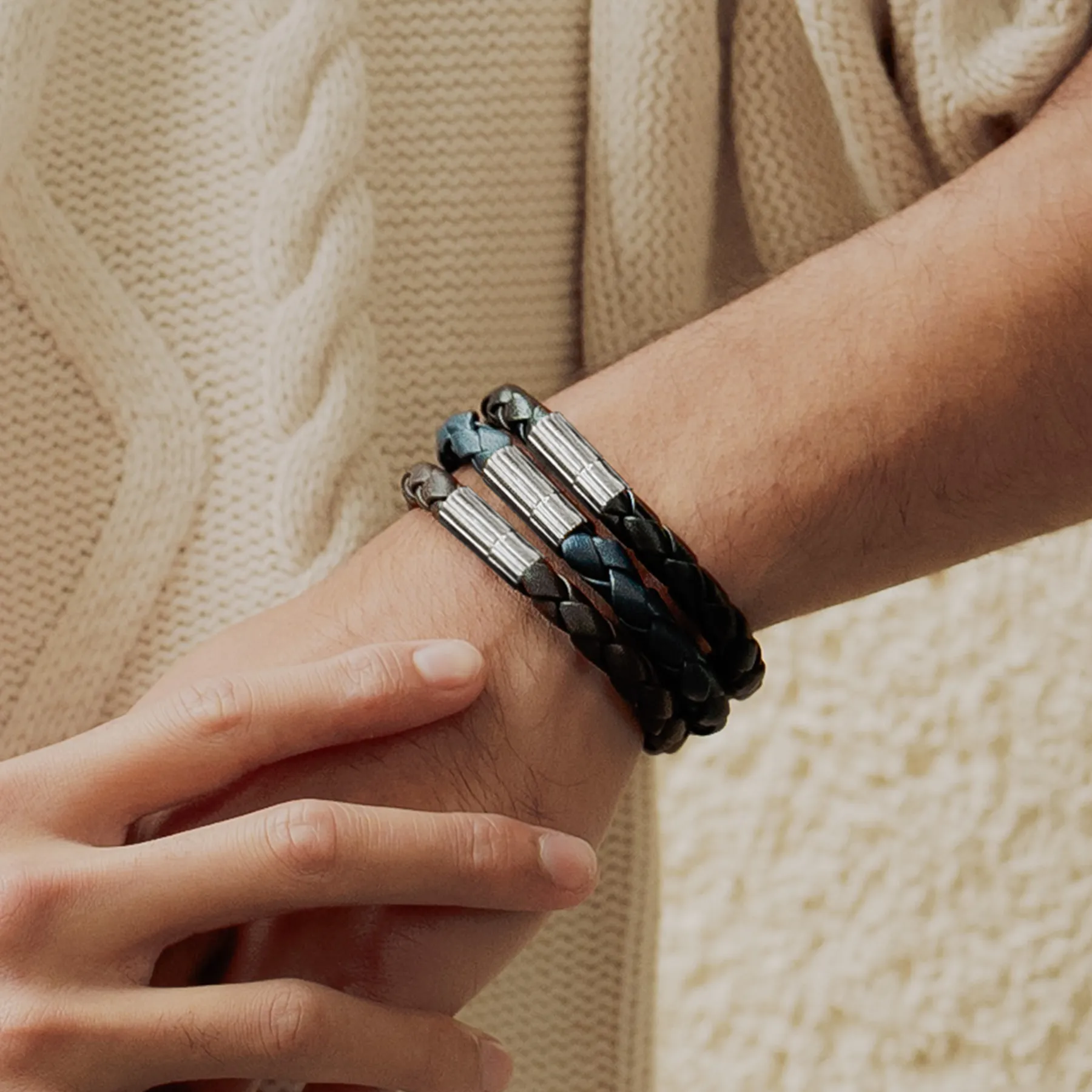 Maxi Pop Pelle Brown Leather Bracelet in Rhodium Silver sold by Tateossian product image thumbnail 5