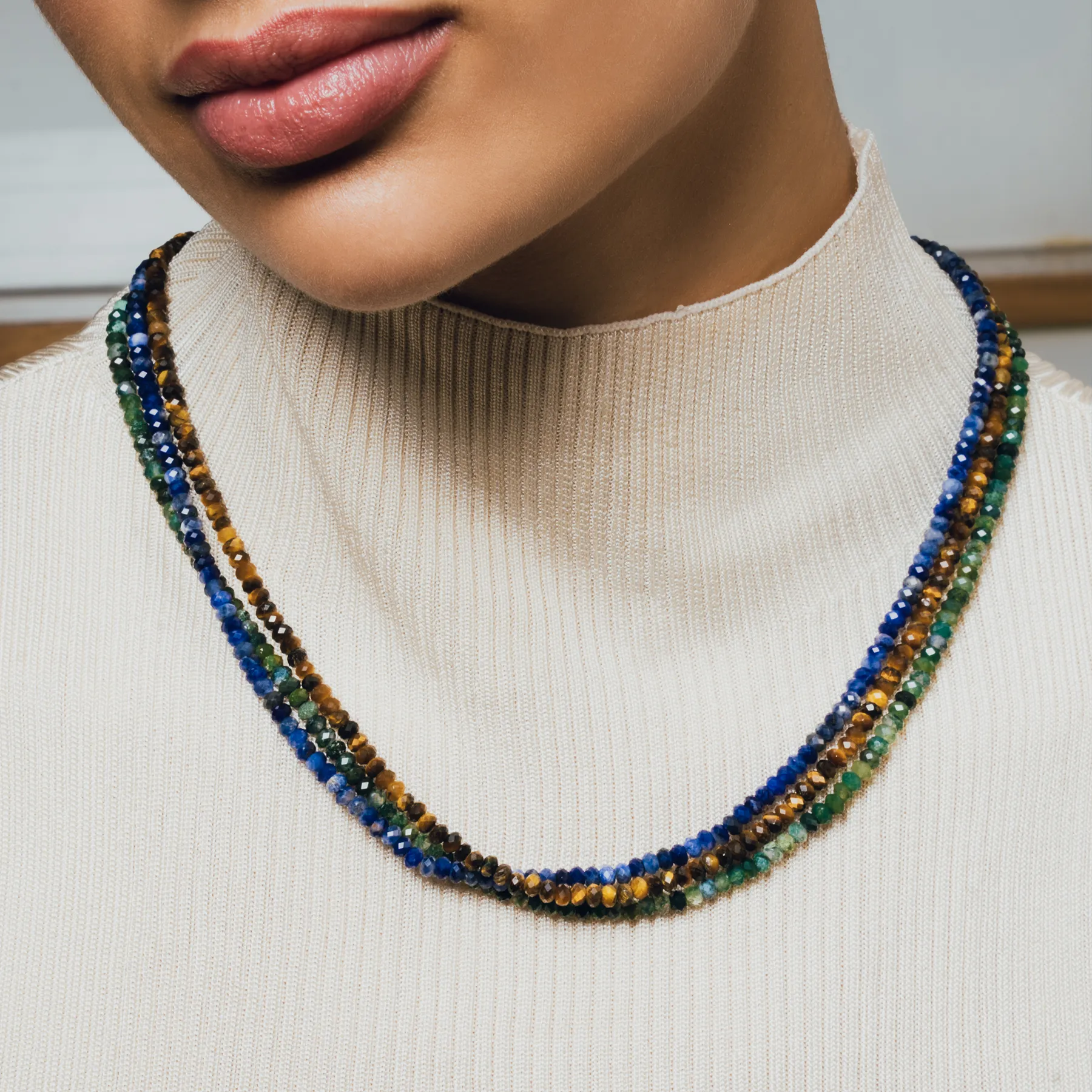 Nodo Beaded Necklace in Rhodium Silver with Green Moss Agate sold by Tateossian product image thumbnail 5