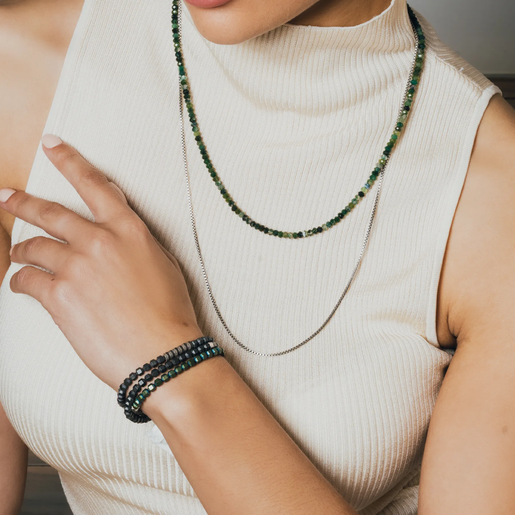Nodo Beaded Necklace in Rhodium Silver with Green Moss Agate sold by Tateossian product image thumbnail 2