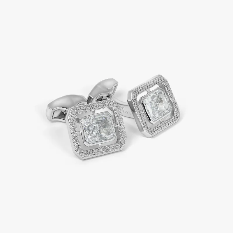 Halo Rectangular Cubic Zirconia Cufflinks in Rhodium Plated sold by Tateossian