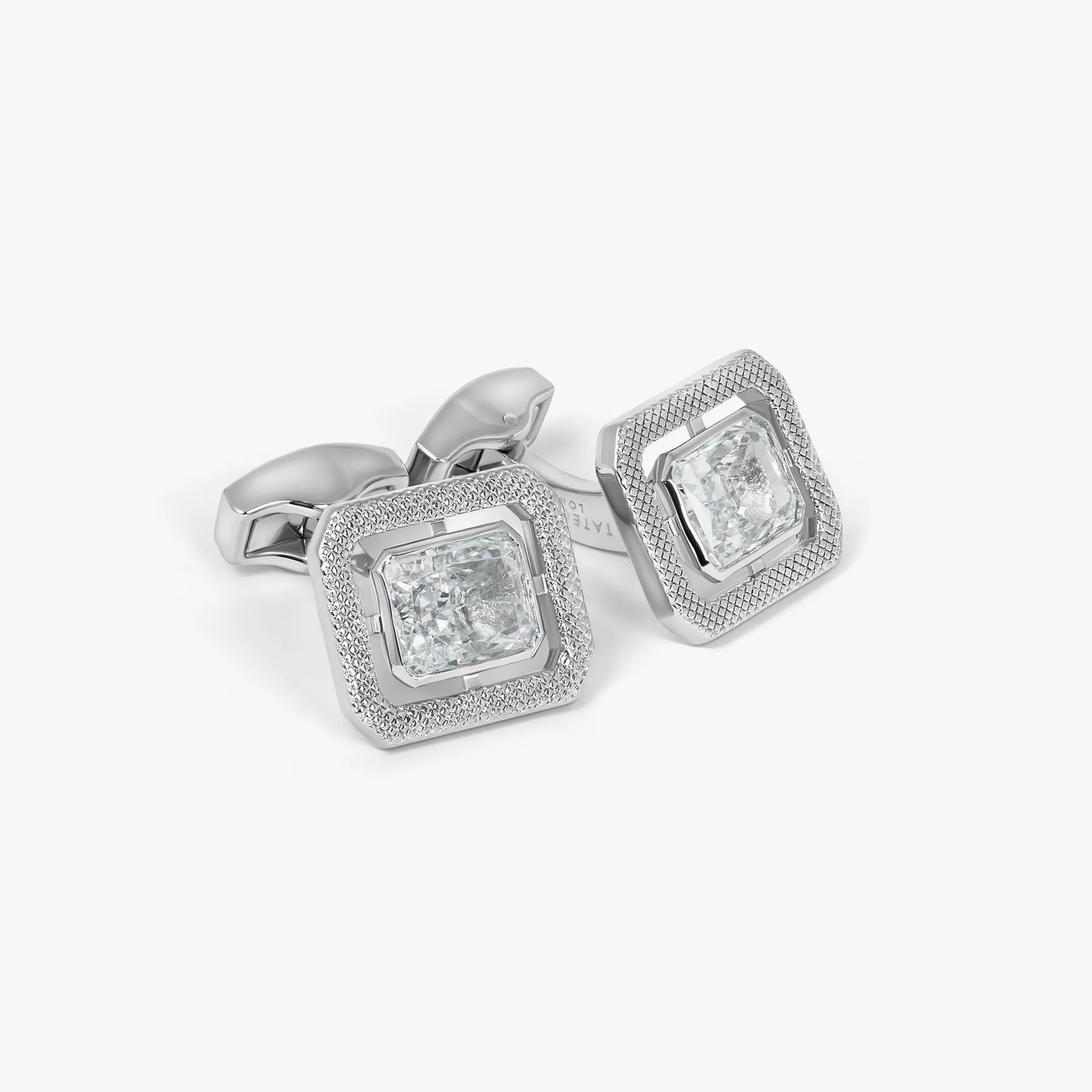 Halo Rectangular Cubic Zirconia Cufflinks in Rhodium Plated sold by Tateossian