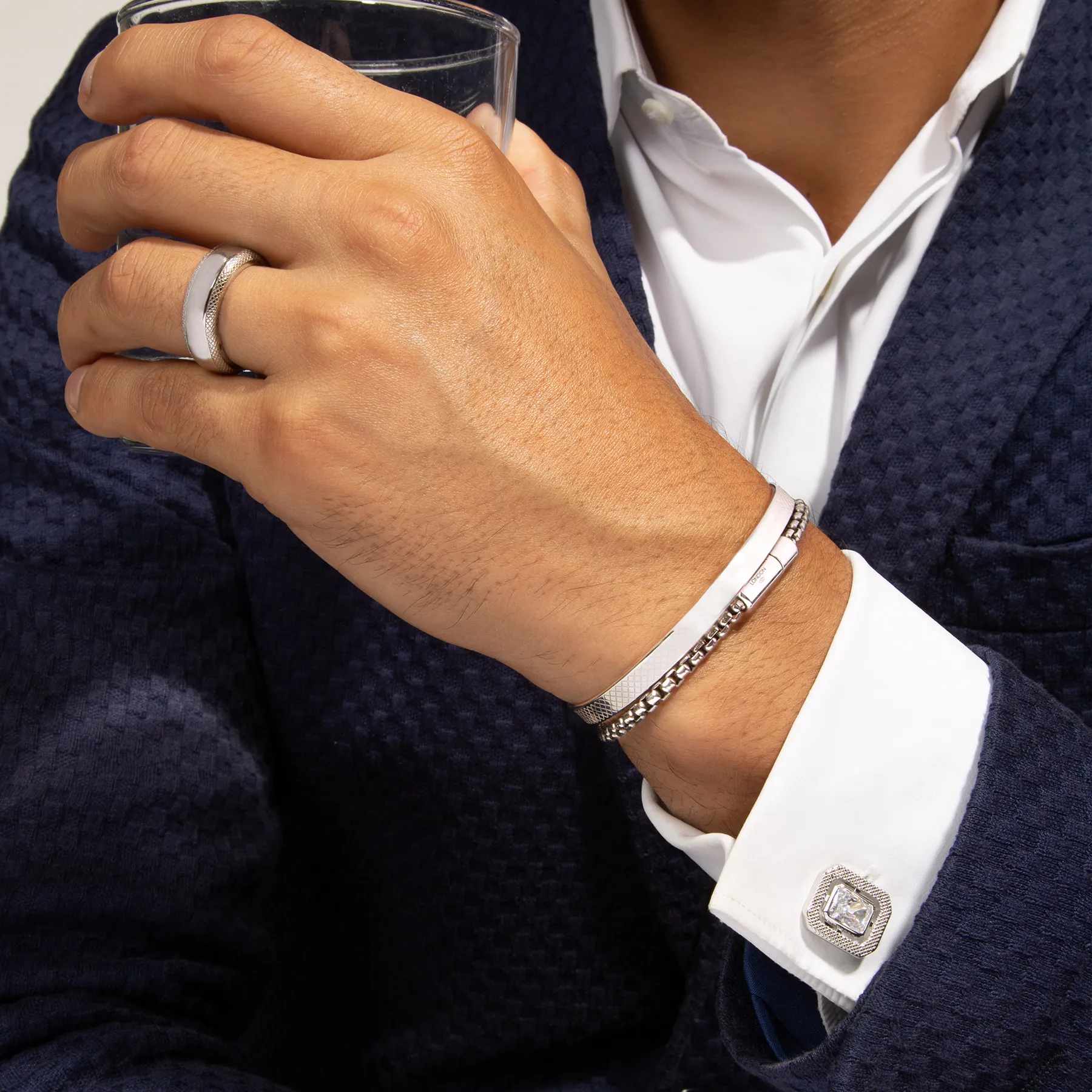 Halo Rectangular Cubic Zirconia Cufflinks in Rhodium Plated sold by Tateossian product image thumbnail 2