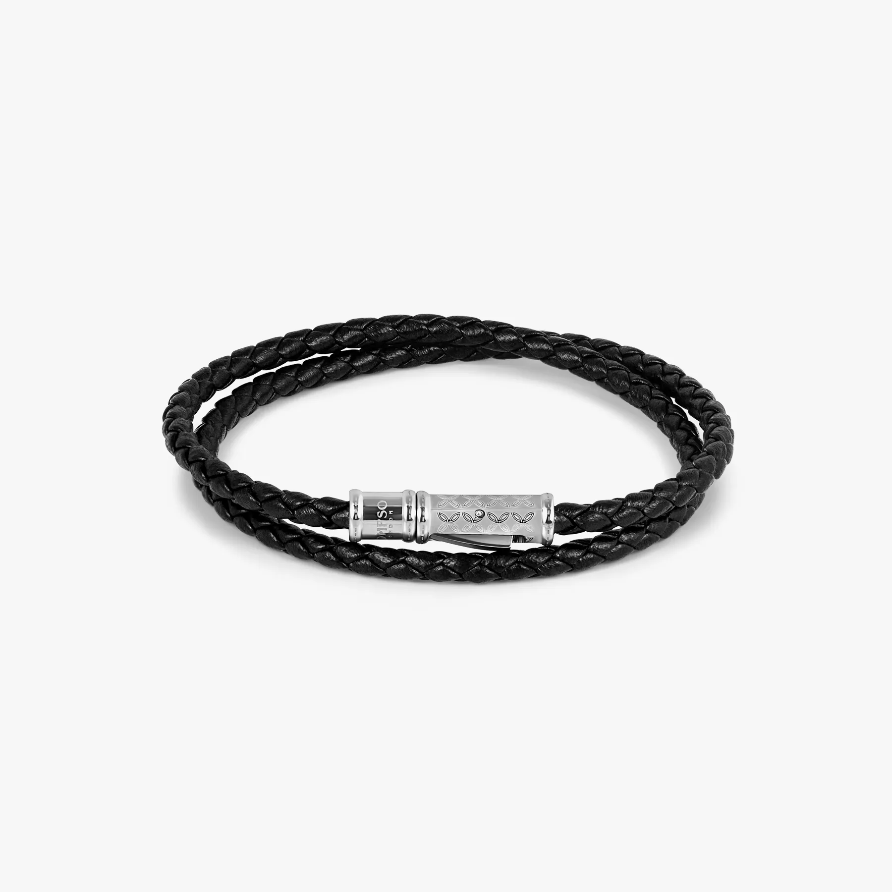 THOMPSON Lucky Clover Double Wrap Bracelet In Black Leather sold by Tateossian