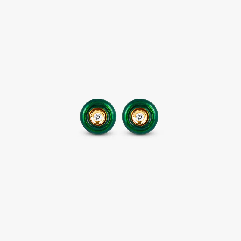 Round Diamond Stud Earrings in 18K Rose Gold with Green Enamel sold by Tateossian