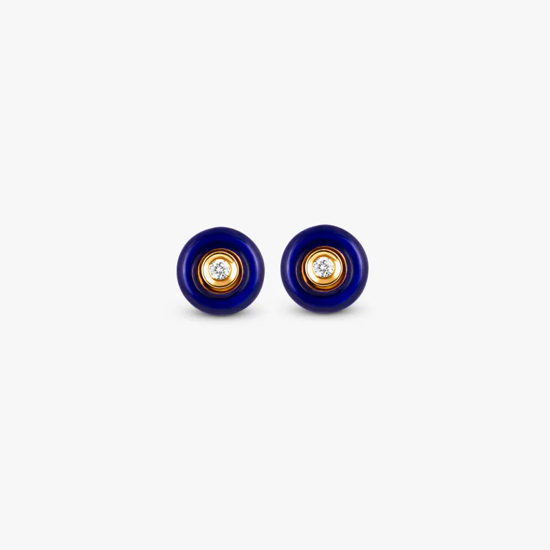 Round Diamond Stud Earrings in 18K Rose Gold with Blue Enamel sold by Tateossian