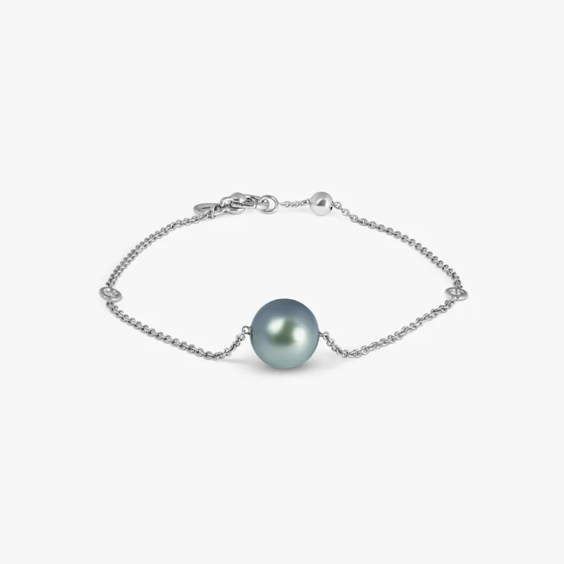 White Diamond Bracelet in 9K White Gold with Grey Tahitian Pearl sold by Tateossian