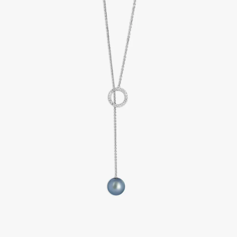 Grey Tahitian Pearl and White Diamond Drop Necklace- 9K White Gold sold by Tateossian