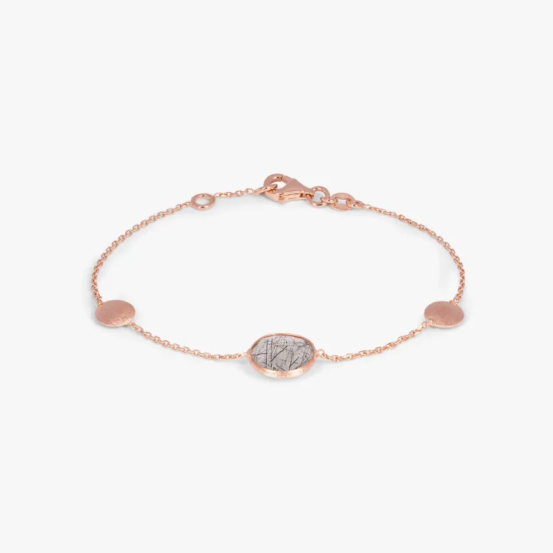 Kensington Bracelet in 14K Satin Rose Gold with Black Rutilated Quartz sold by Tateossian