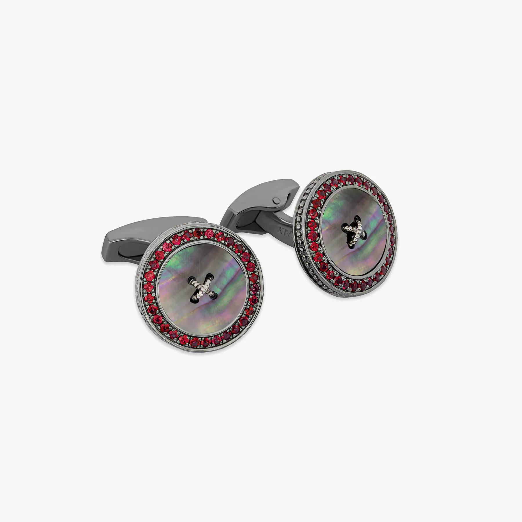 Precious Button cufflinks with black mother of pearl & rubies sold by Tateossian