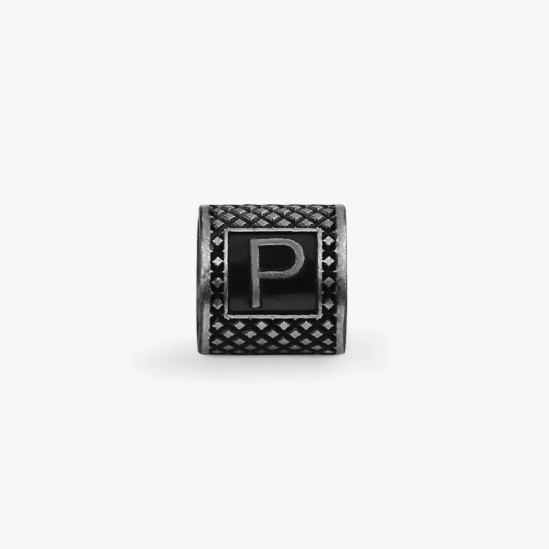 Lucky Me Initial P Charm In Black Rhodium Plated Silver sold by Tateossian
