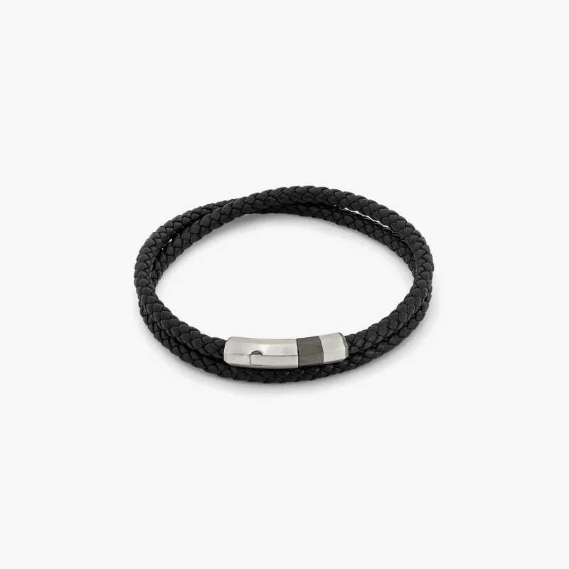 Octagon Click Pelle Bracelet In Ruthenium Plated Sterling Silver With Black Leather sold by Tateossian