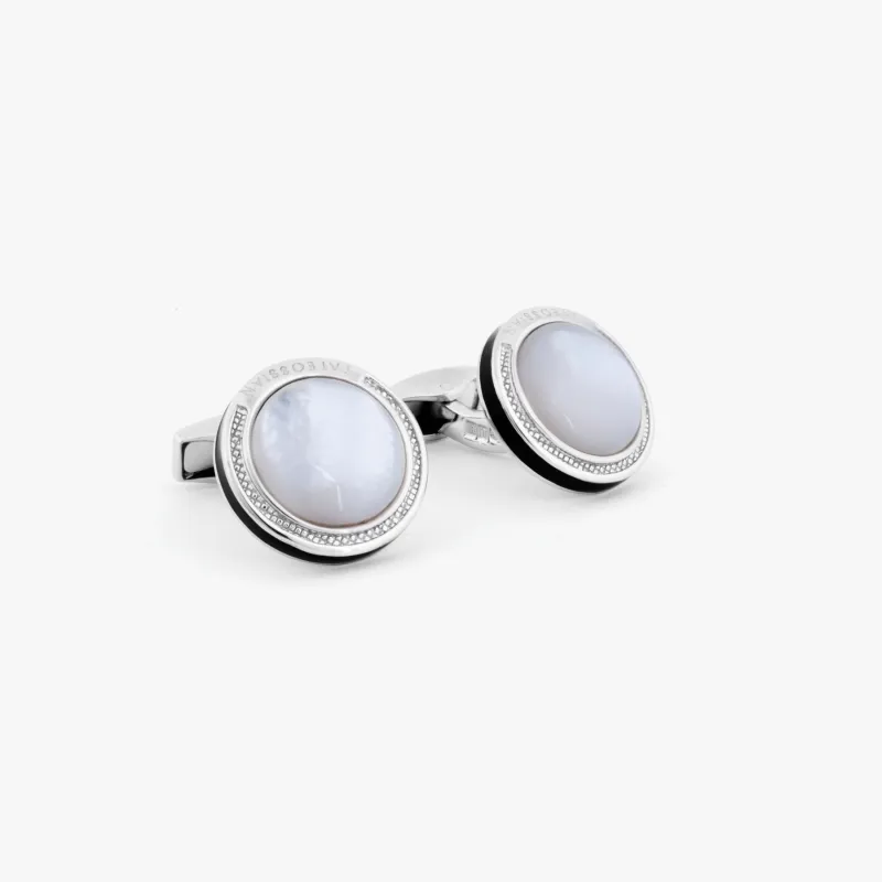 Signature Round Cufflinks in Rhodium Plated Silver with White Mother of Pearl                 sold by Tateossian