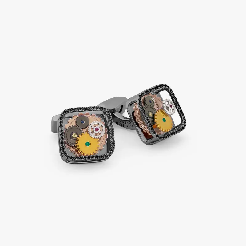 Square Gear Cufflinks With Black Diamonds sold by Tateossian