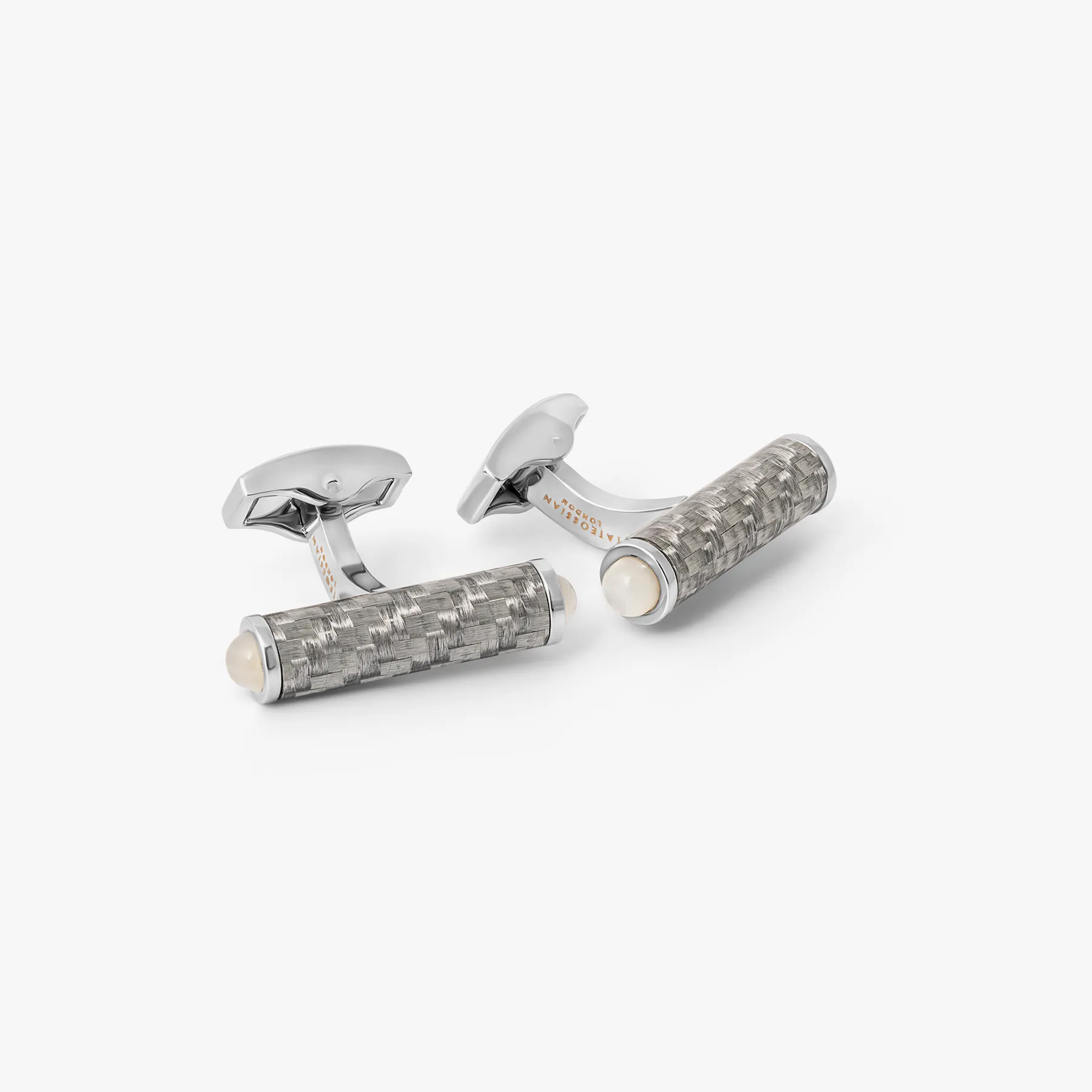 Carbon Cylinder Cuffllinks With White Mother of Pearl sold by Tateossian