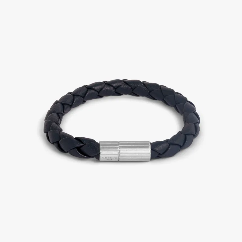 Maxi Pop Pelle Navy Blue Leather Bracelet in Rhodium Silver made by Tateossian