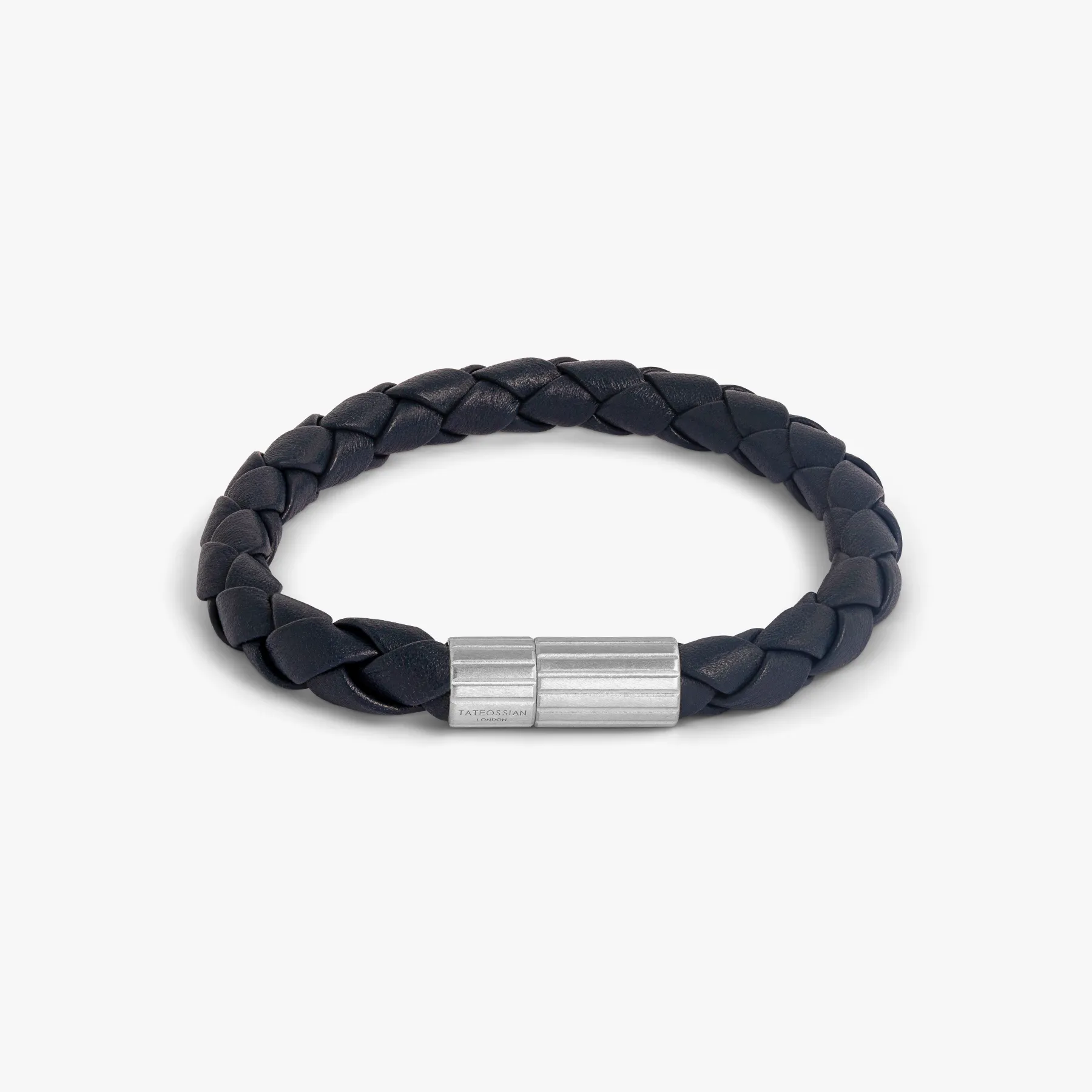 Maxi Pop Pelle Navy Blue Leather Bracelet in Rhodium Silver sold by Tateossian