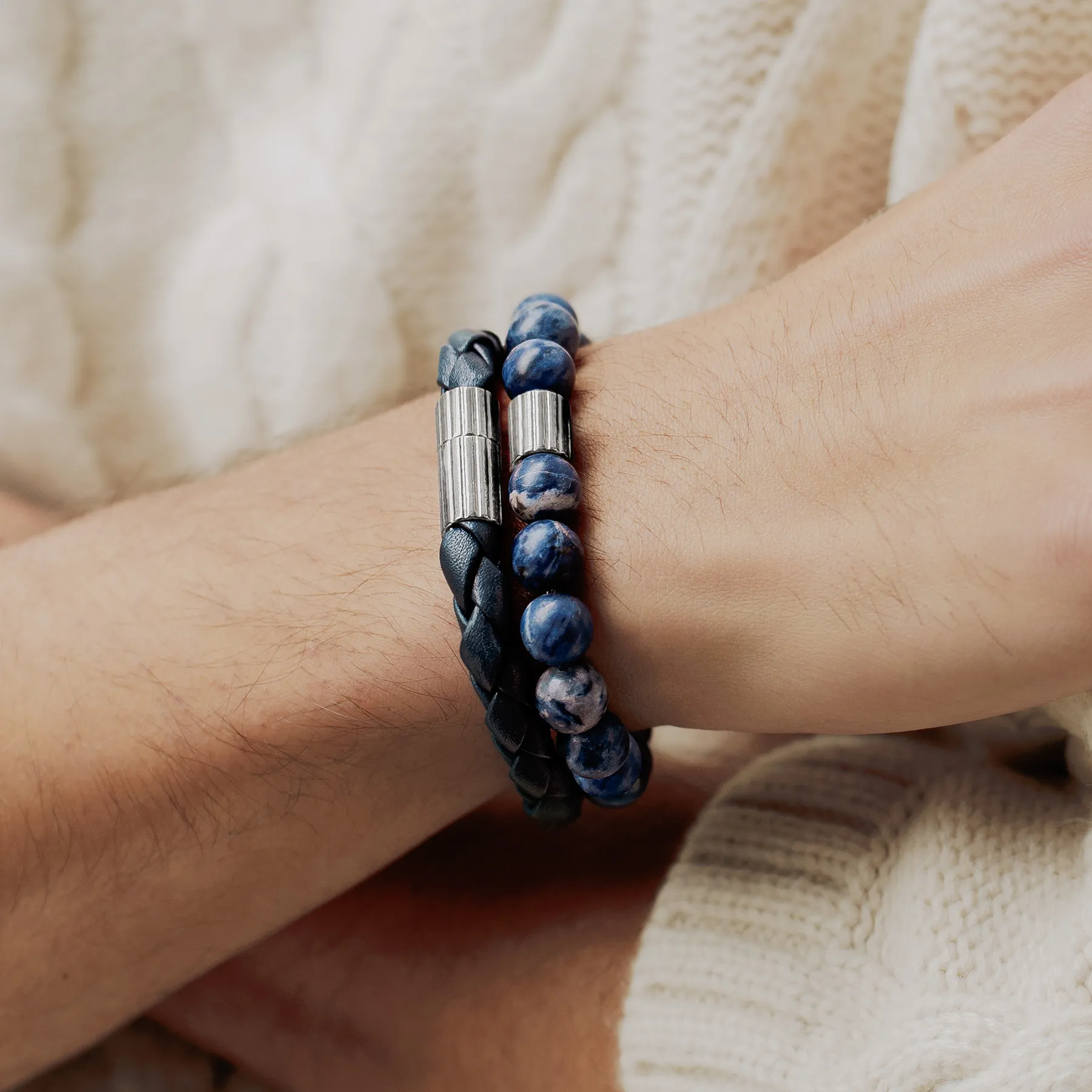 Maxi Pop Pelle Navy Blue Leather Bracelet in Rhodium Silver sold by Tateossian product image thumbnail 2
