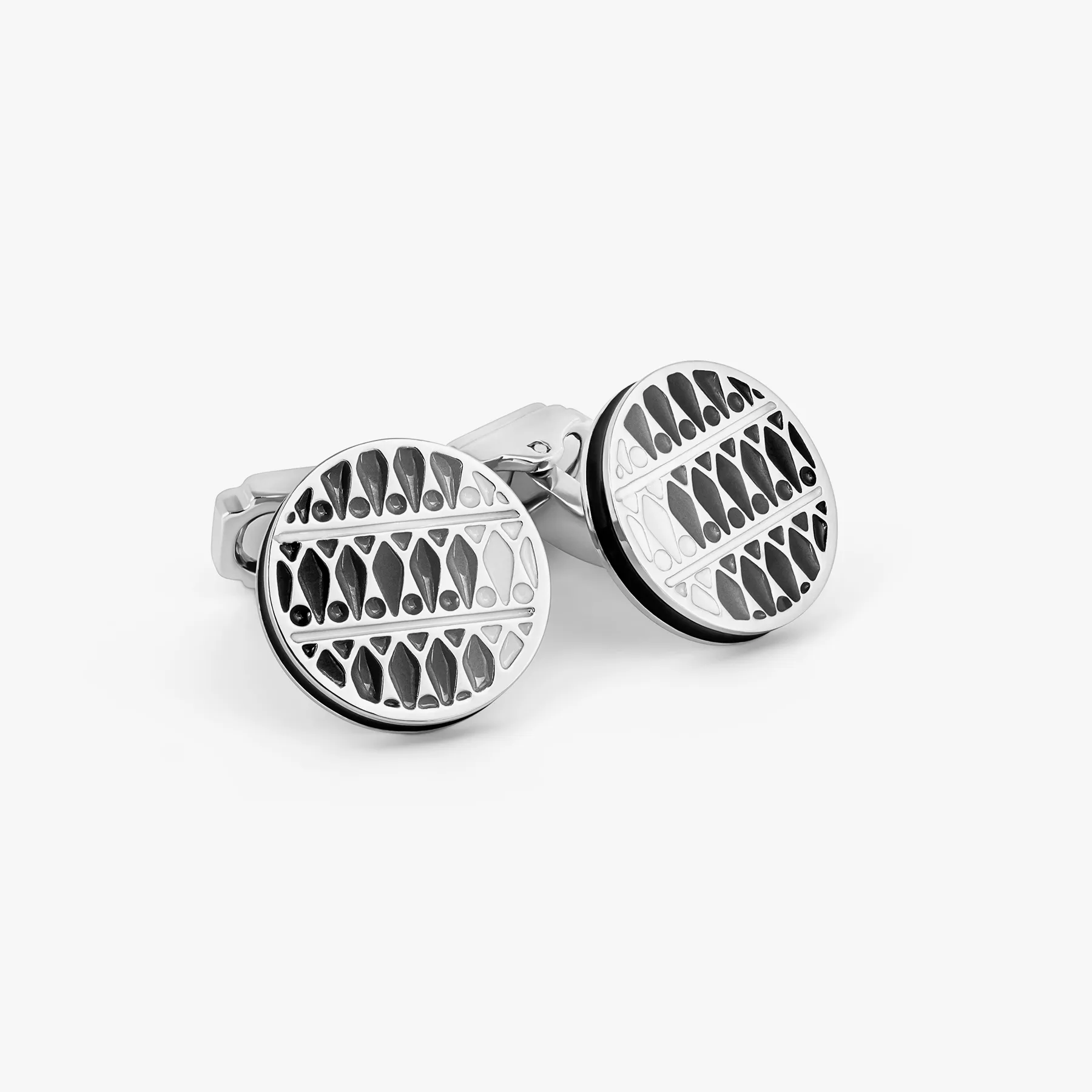 THOMPSON Cairo Leaf Cufflinks In White Bronze plated Base Metal With Black And White Enamel sold by Tateossian
