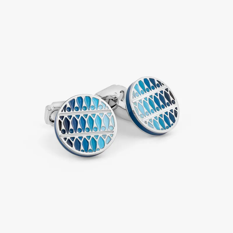 THOMPSON Cairo Leaf Cufflinks In White Bronze plated Base Metal With Blue Enamel sold by Tateossian