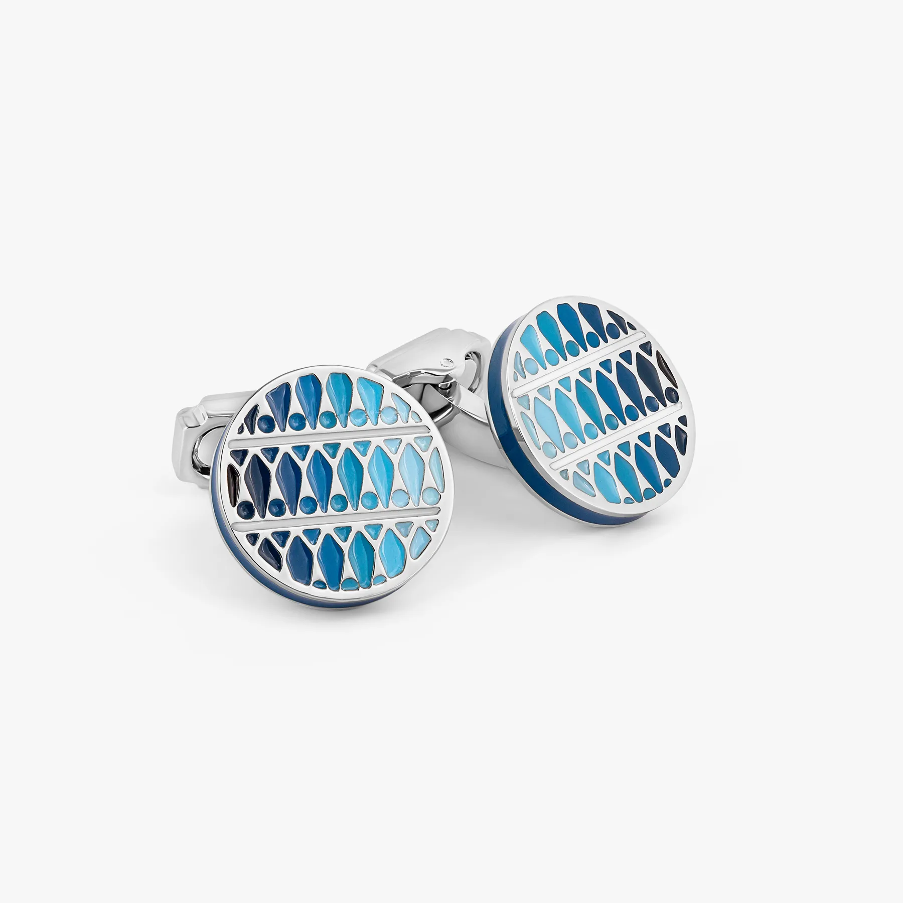 THOMPSON Cairo Leaf Cufflinks In White Bronze plated Base Metal With Blue Enamel sold by Tateossian