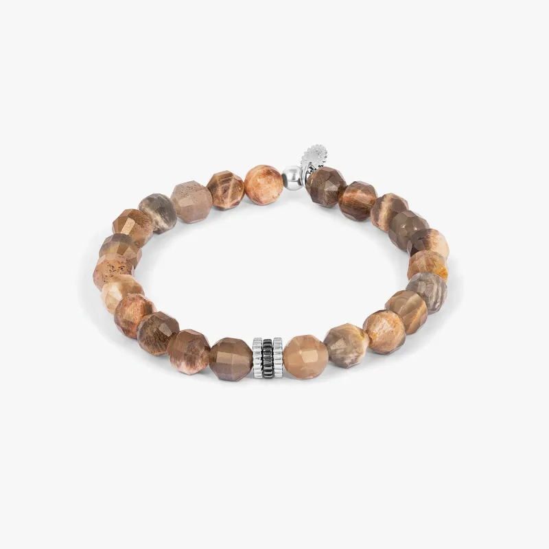 Gear Trio Hexade Beaded Bracelet in Rhodium Silver with Black Moonstone sold by Tateossian