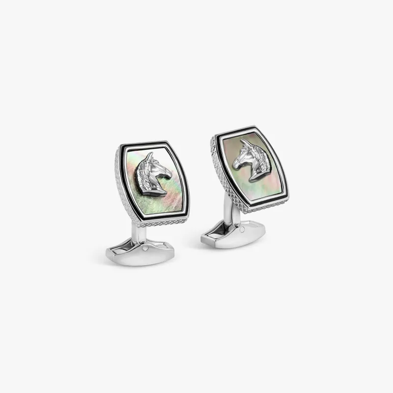 Tonneau Ascot Horse Cufflinks In Palladium Plated Base Metal With Black Mother Of Pearl sold by Tateossian