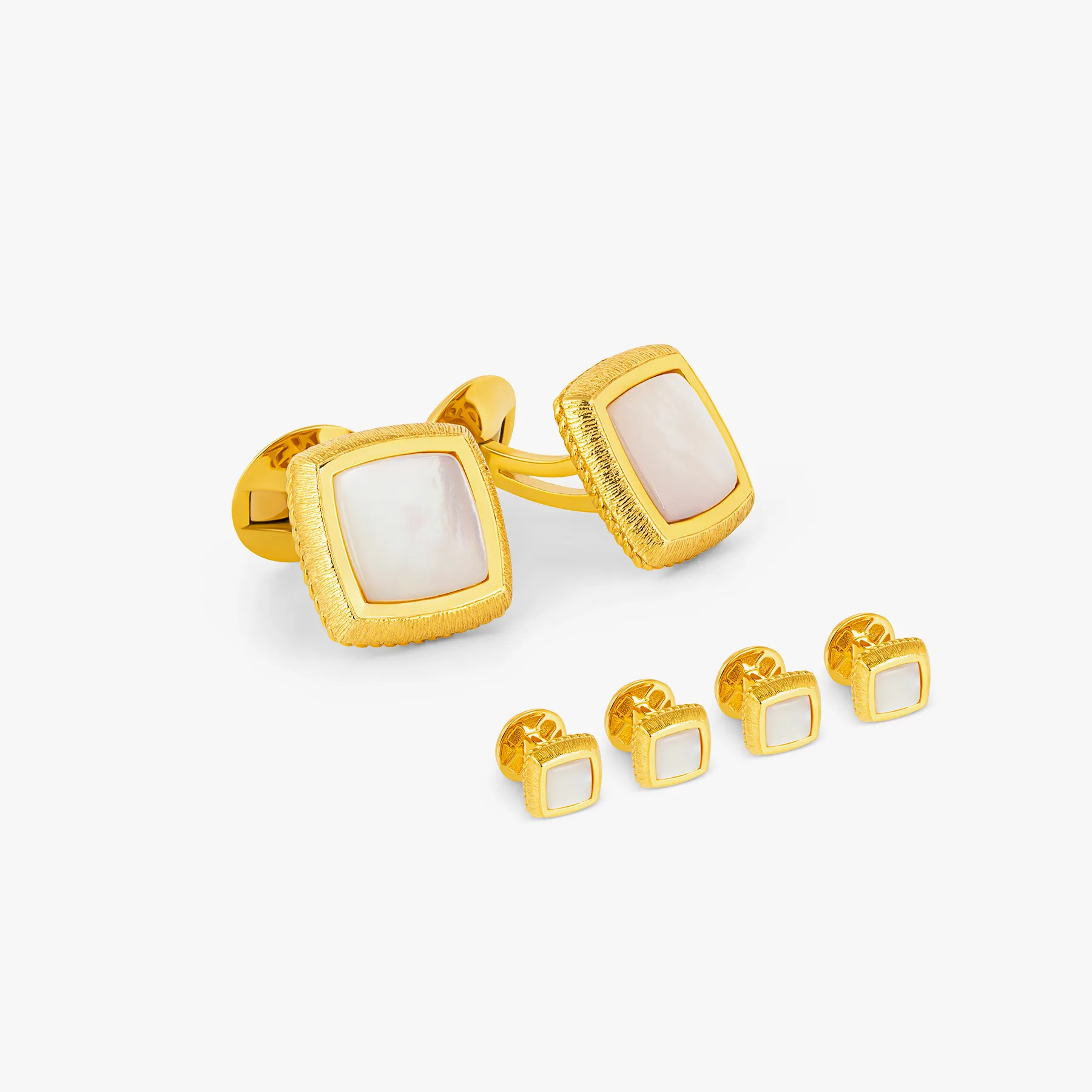 Graffiato Square Cufflinks & Dress Shirt Studs In Yellow Gold & White Mother Of Pearl sold by Tateossian