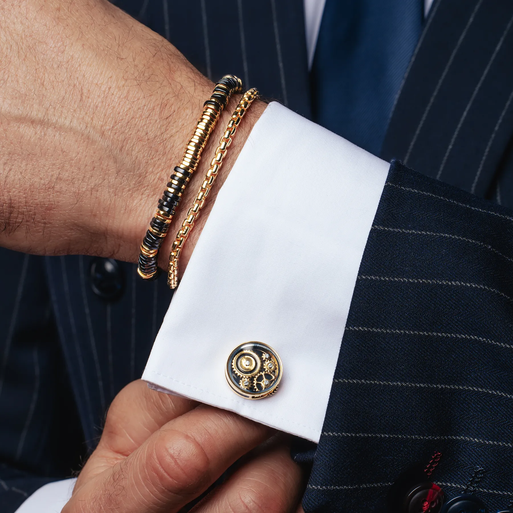 Carousel Gear Cufflinks In Yellow Gold Plated Base Metal With Black Enamel sold by Tateossian product image thumbnail 2