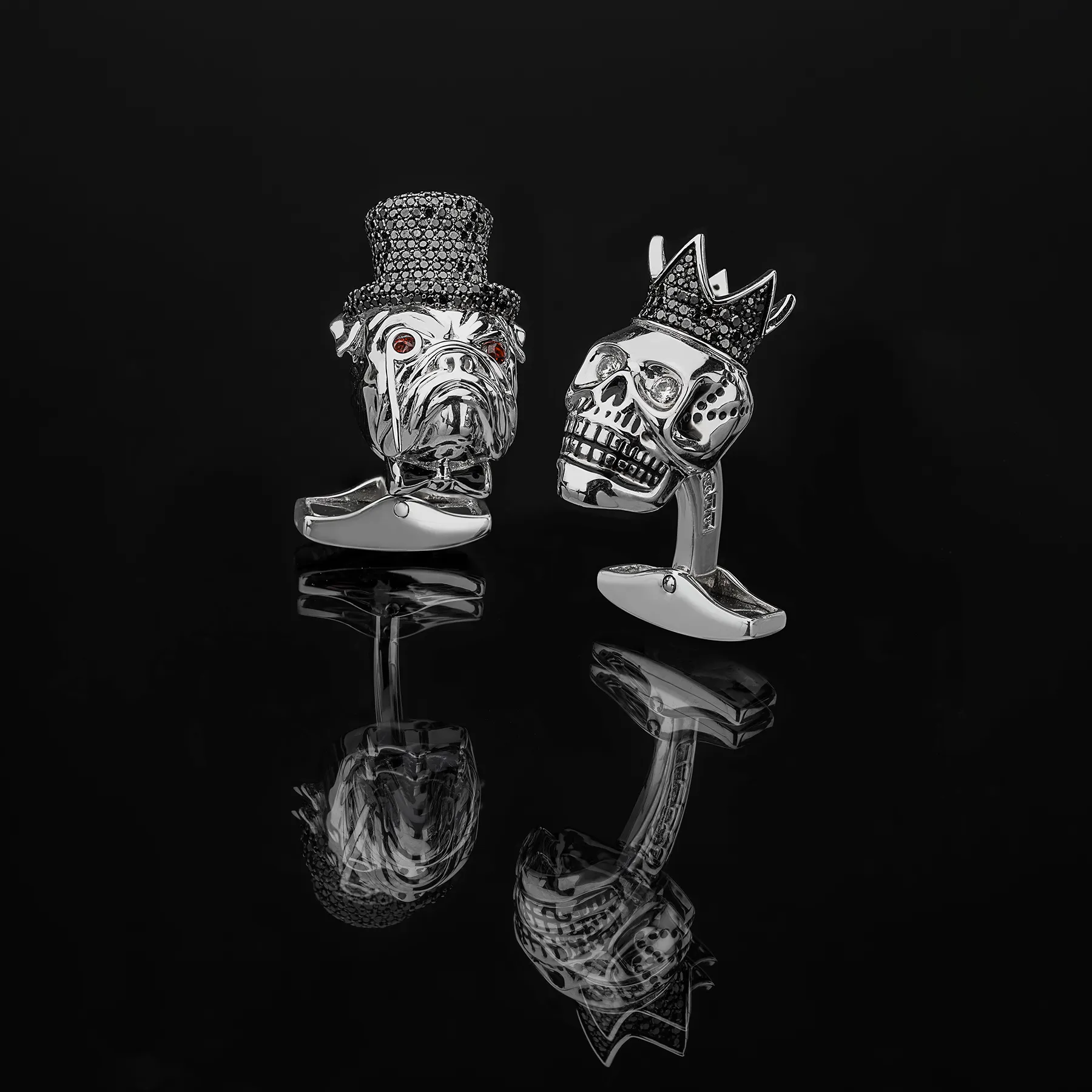 Black diamond king skull cufflinks with white diamonds in sterling silver sold by Tateossian product image thumbnail 4
