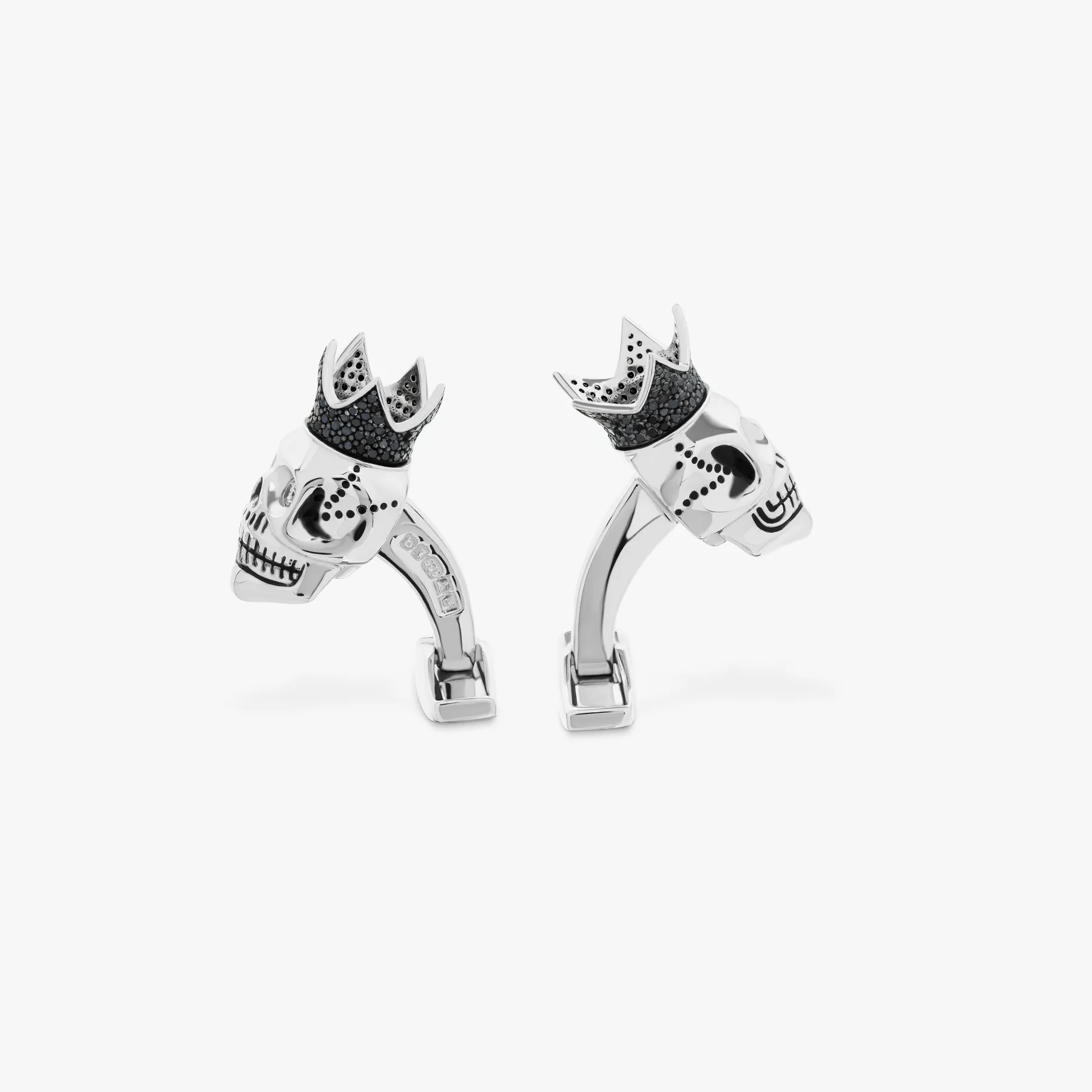 Black diamond king skull cufflinks with white diamonds in sterling silver sold by Tateossian product image thumbnail 2