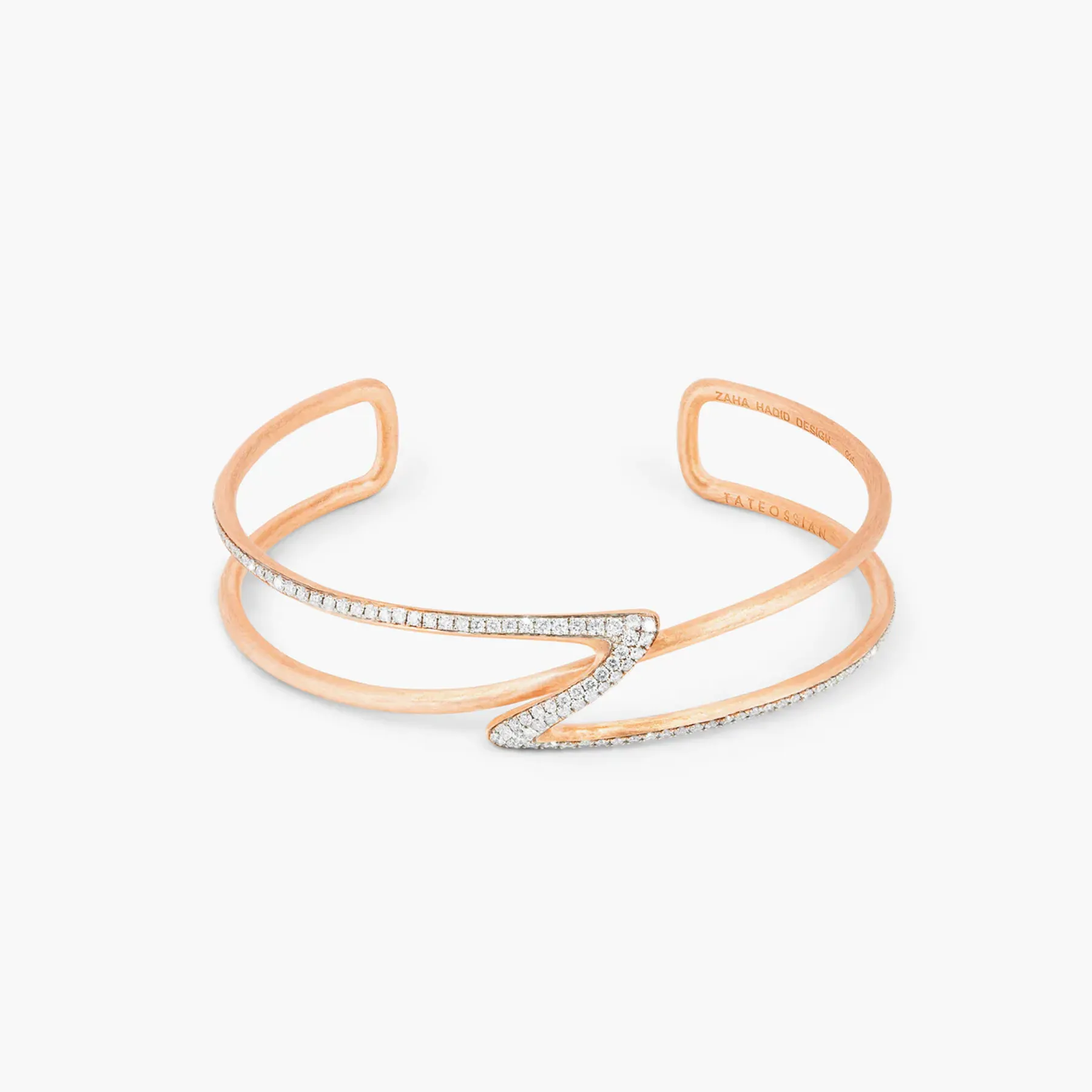 ZAHA HADID DESIGN Apex bangle in rose gold plated sterling silver with white diamonds sold by Tateossian