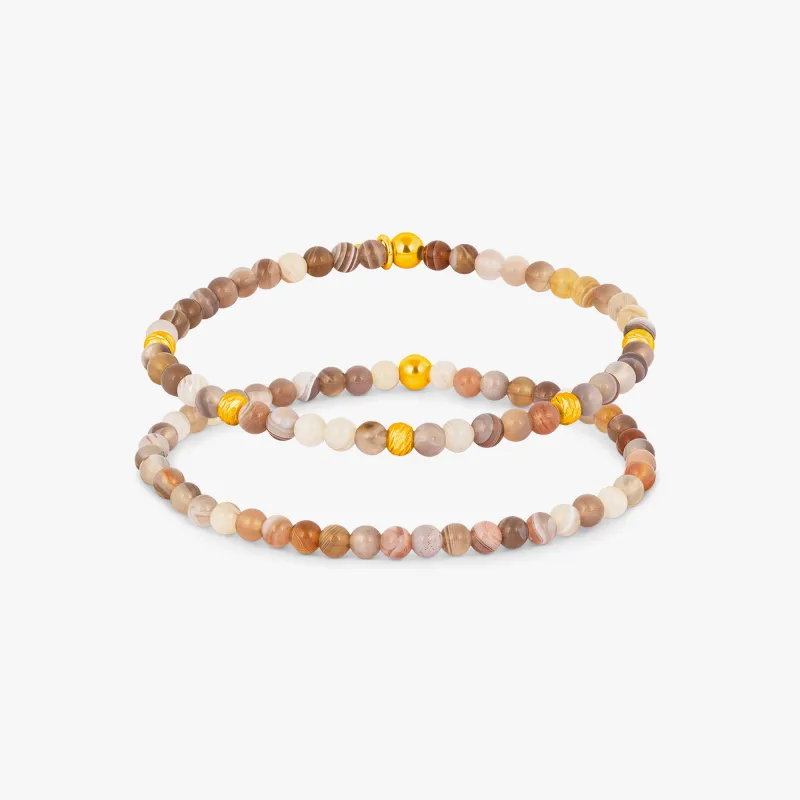 Graffiato Sennit Duo Beaded Bracelet Set in Yellow Gold Plated Silver with Grey Botswana Agate sold by Tateossian