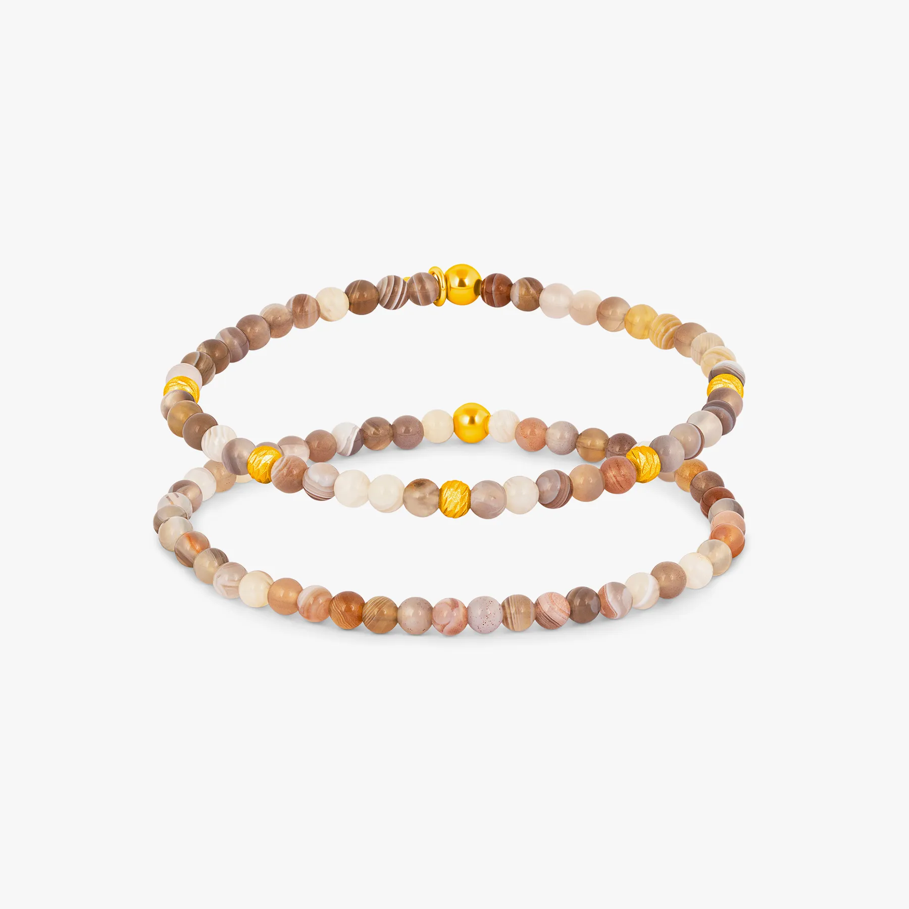 Graffiato Sennit Duo Beaded Bracelet Set in Yellow Gold Plated Silver with Grey Botswana Agate sold by Tateossian