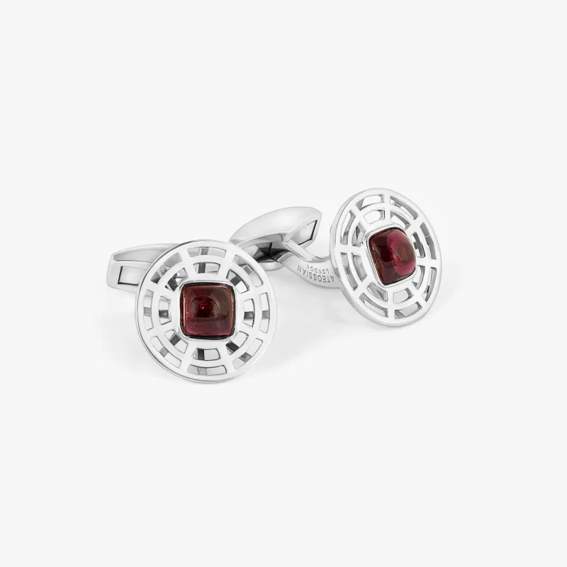 Satellite Cufflinks in Rhodium & Red Tourmaline sold by Tateossian